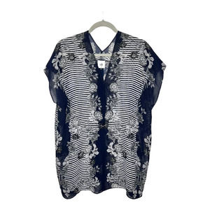CAbi Sheer Navy Blue And White Striped And Floral Roomy Tunic Women's Size M